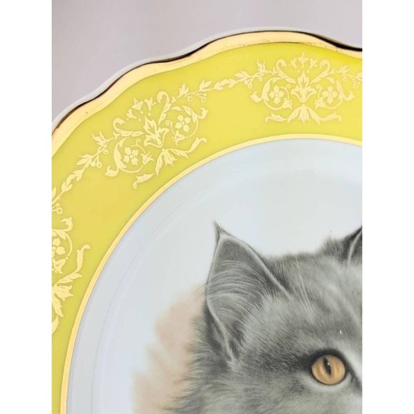 White Porcelain Cat Portrait Plate | Kitty Picture Yellow Border Collectible 10" - Picture 5 of 10